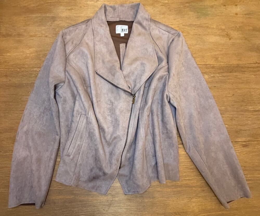 KUT From The Kloth Faux Suede Moto Jacket Taupe Zip Front Womens